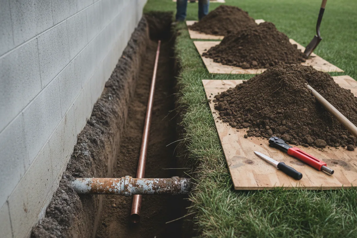 Excavated water line trench during Water Heater Repair in Saint Michaels